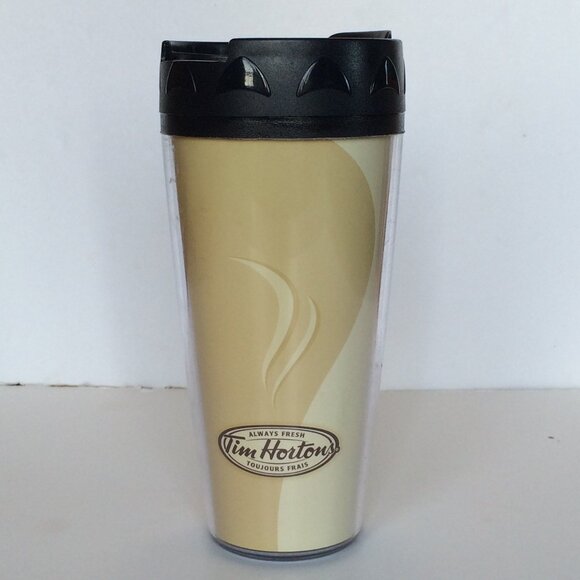 Tim Hortons ThermoServ Plastic Travel Mug Beige Always Fresh Black Lid 14 oz - Picture 3 of 10